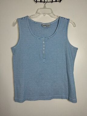 Chico's (Size 3/XL/16) Blue & White Striped Cotton Blend Sleeveless Henley Tank